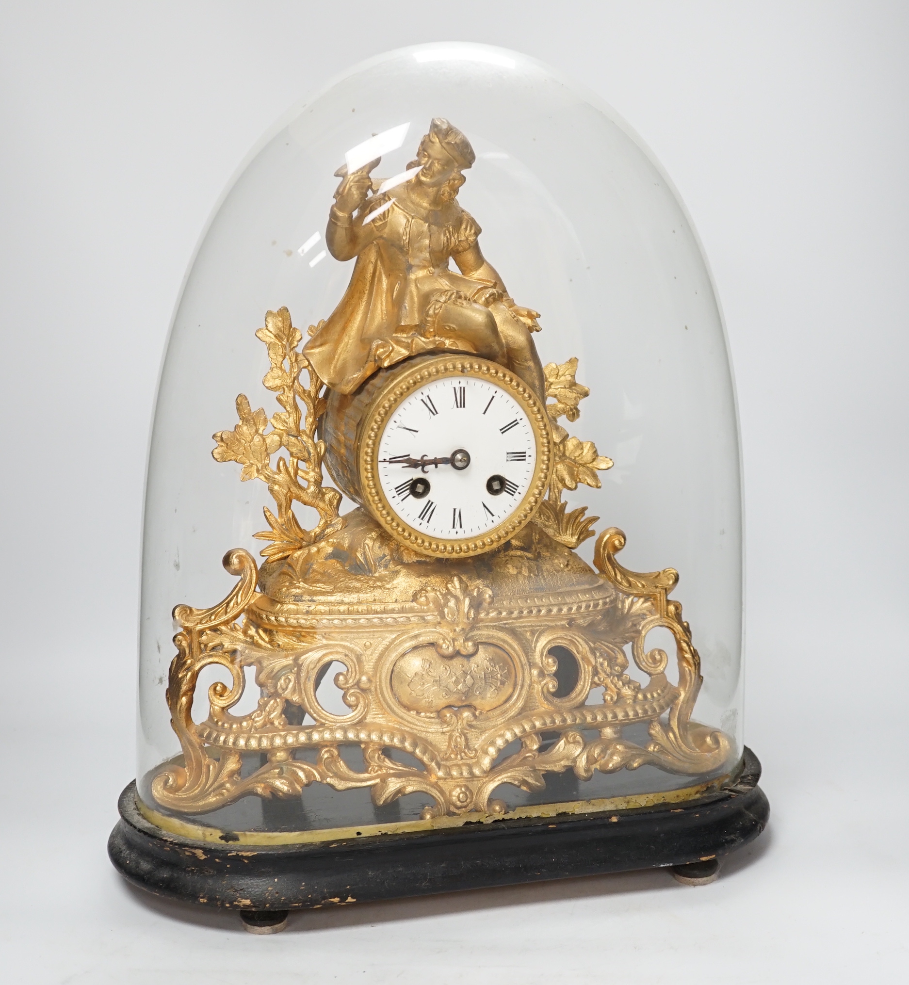 A 19th century Louis XVI-style gilt metal mantel clock, under glass dome, French movement striking on a bell, with key, 41cm